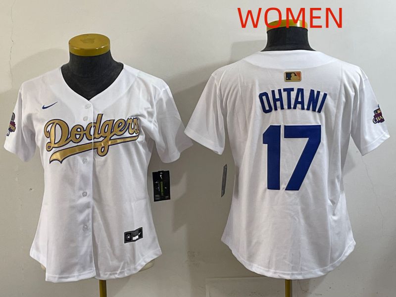 Women Los Angeles Dodgers #17 Ohtani White Champion edition Nike MLB Jersey style 007